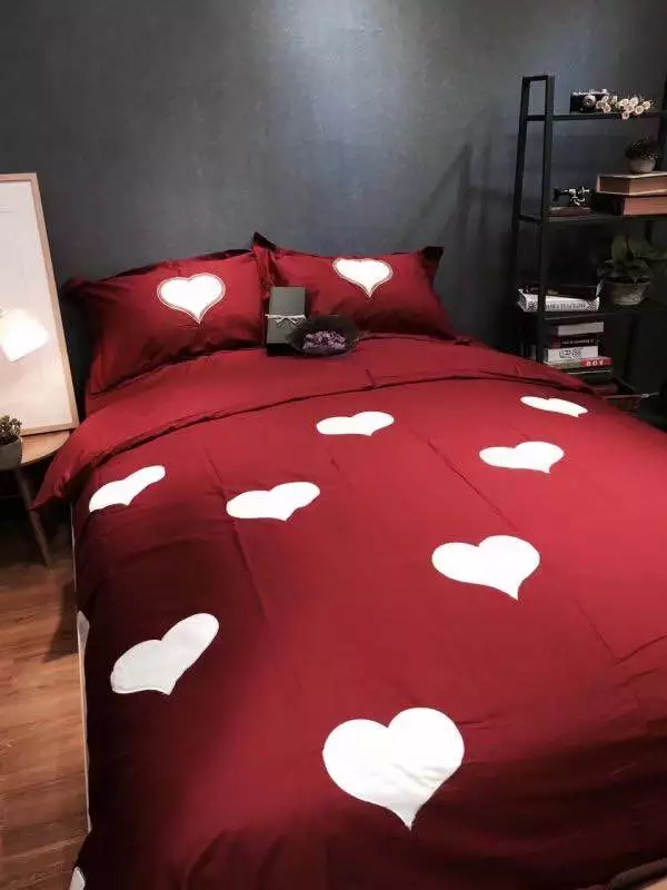 外贸韩国潮流卡通蓝色小熊大红爱心贴布绣花全棉贡缎床单三四件套