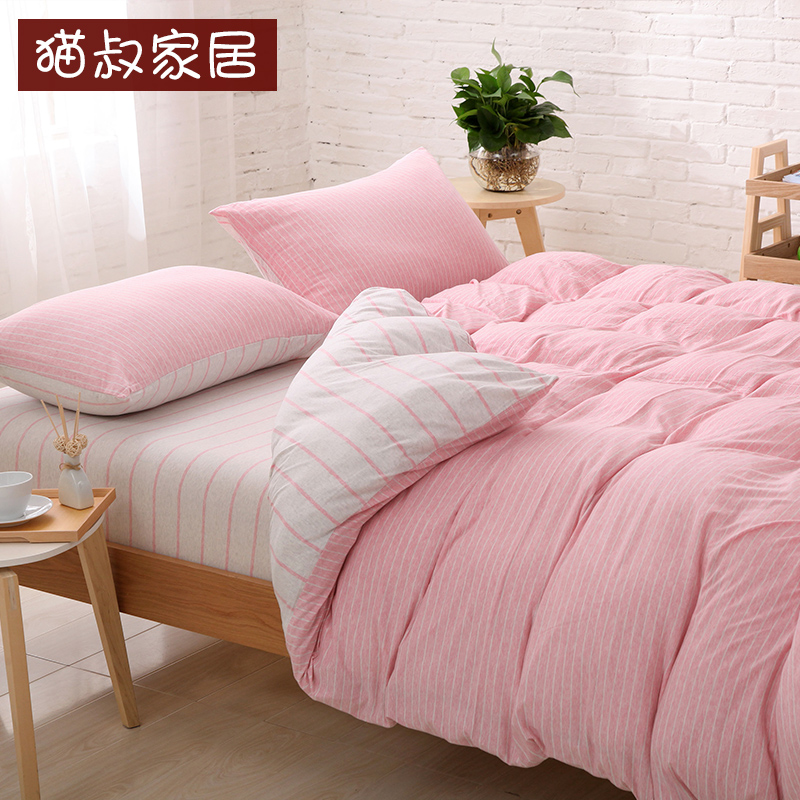 2016新品全棉天竺棉针织四件套简约纯棉条纹被套床单4件套床笠款