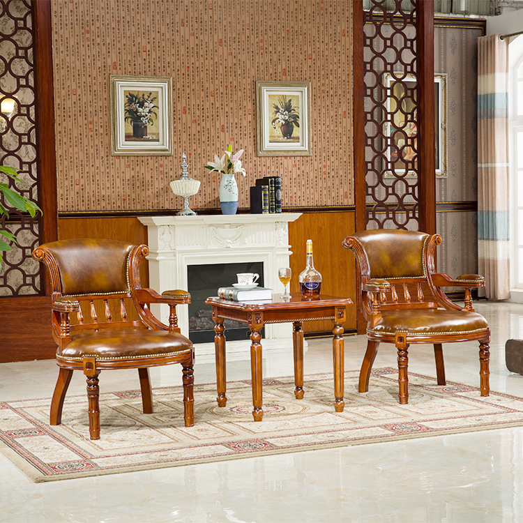 全实木带扶手真皮欧式美式酒店别墅会所单人电脑办公皮沙发休闲椅