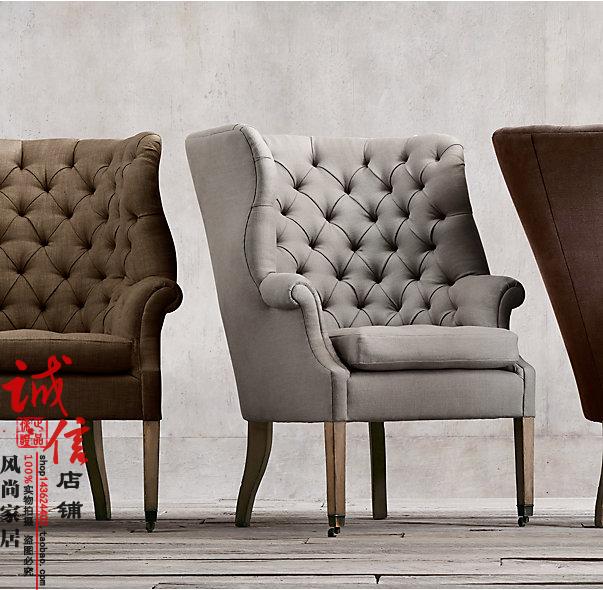 美式乡村实木复古做旧拉扣布艺单人休闲沙发椅法式RH客厅橡木家具