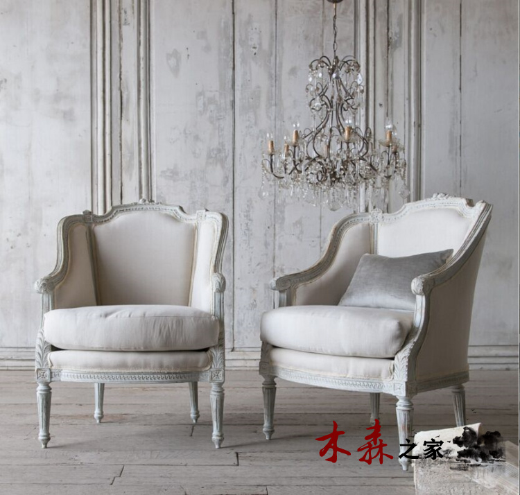 路易十五出口美式乡村实木单人橡木雕花沙发椅法式复古做旧家具