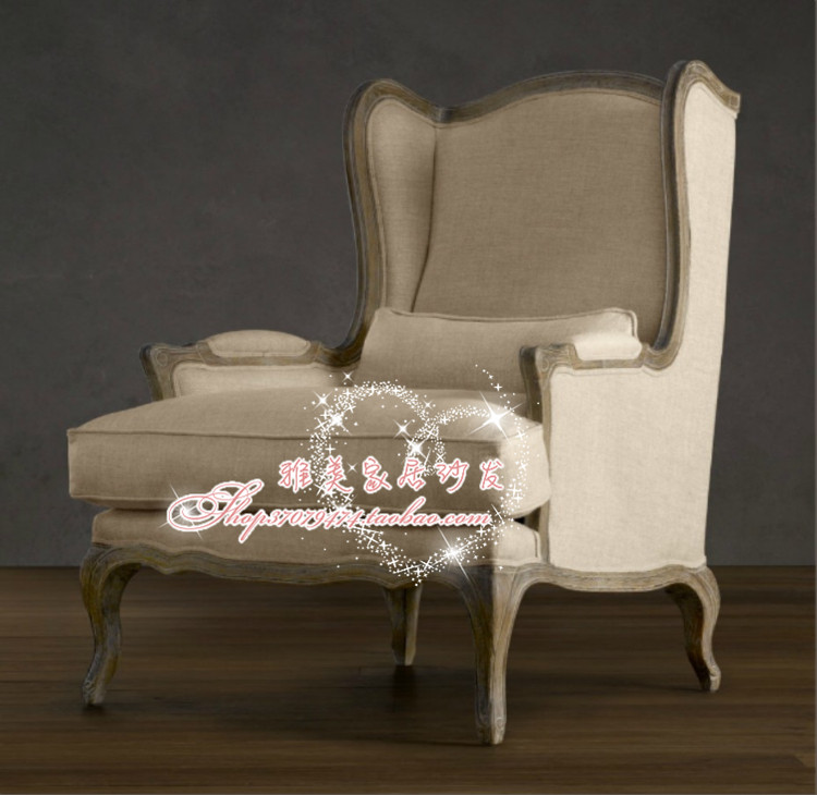 法式复古家具美式亚麻面料实木单人沙发 老虎椅 休闲沙发复古做旧