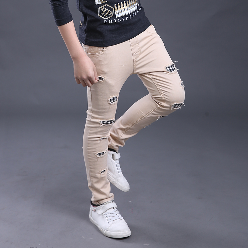 多啦啦2016春款男童女童休闲裤纯棉前片破洞格子韩版弹力修身长裤