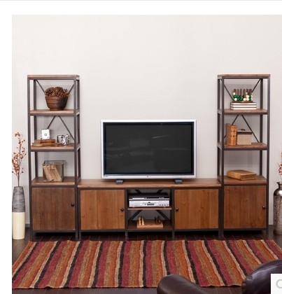 时尚美式乡村复古电视柜铁艺实木客厅柜隔板书架置物架组合储物柜