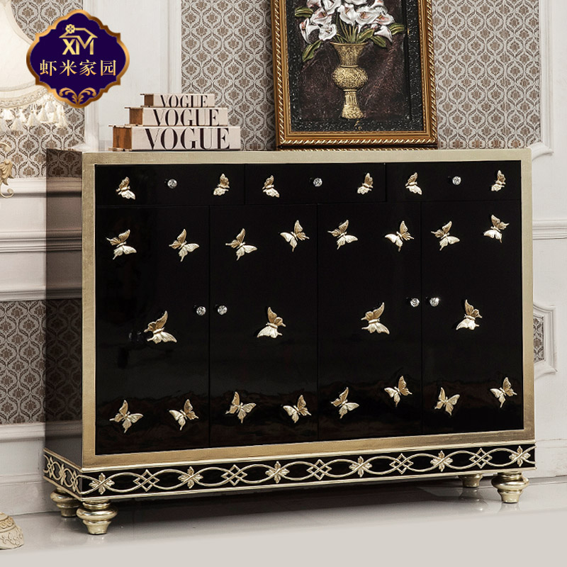 新古典门厅玄关鞋柜实木简约欧式餐边柜黑色烤漆玄关桌隔断装饰柜