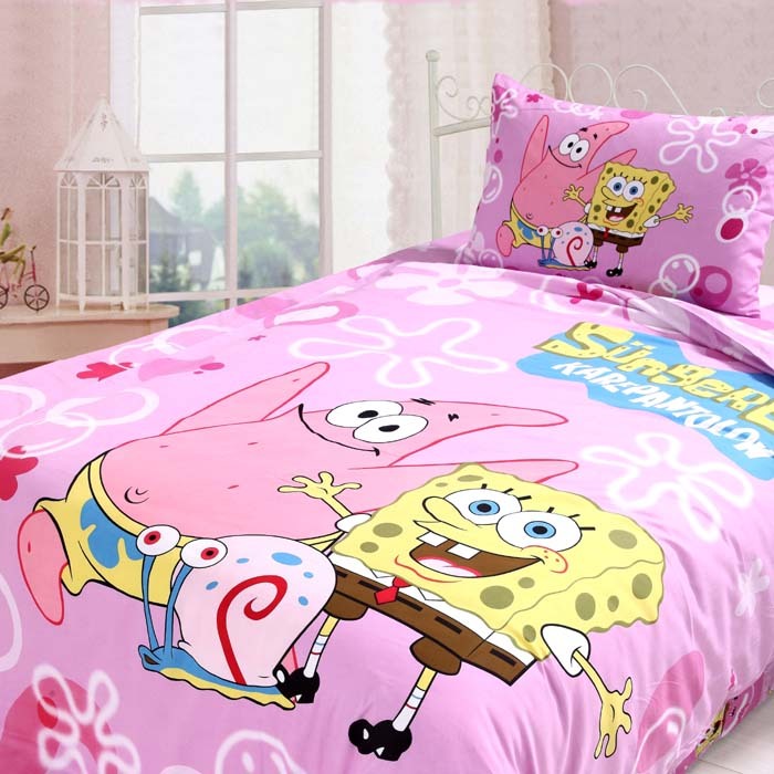 欧米兰 单人学生床卡通活性全棉三件套床单欧式花边 海绵宝宝-粉