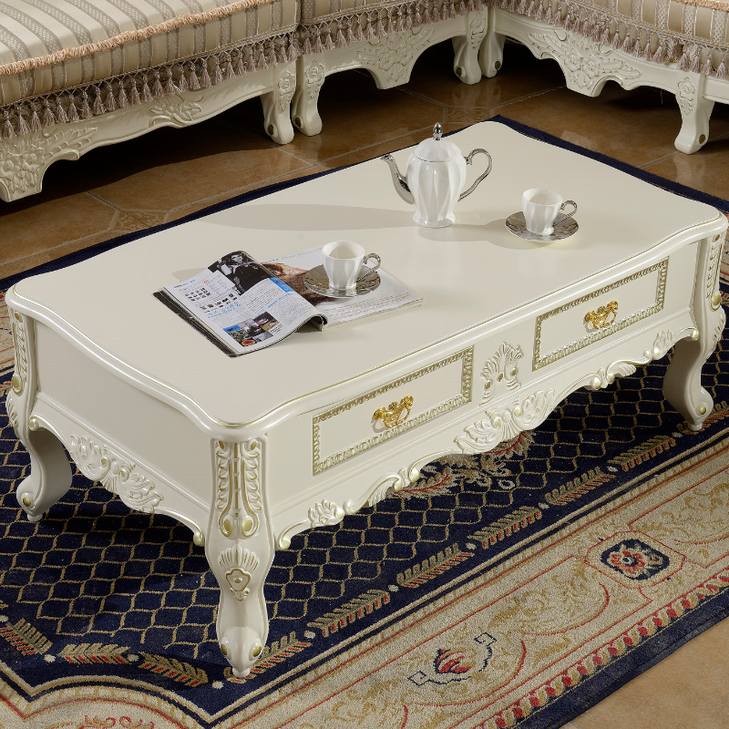 欧式实木雕花长方形茶几电视柜组合客厅象牙白1.5米1.3大理石茶几