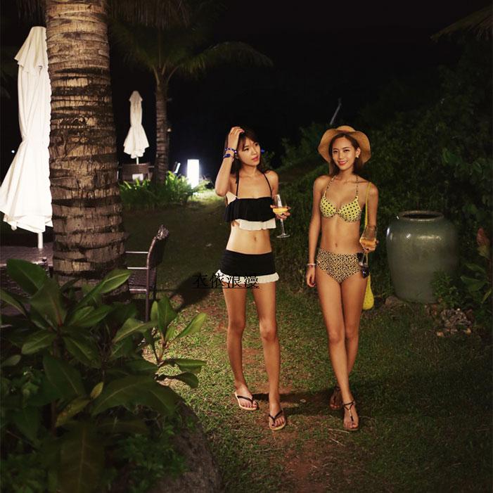 韩国正品代购少女泳装黑白裙式沙滩比基尼大小抹胸聚拢分体游泳衣