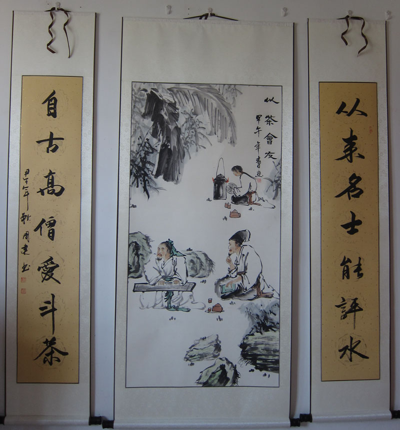 国画字画纯手绘人物以茶会友书法对联中堂茶楼店装饰画精卷轴装裱