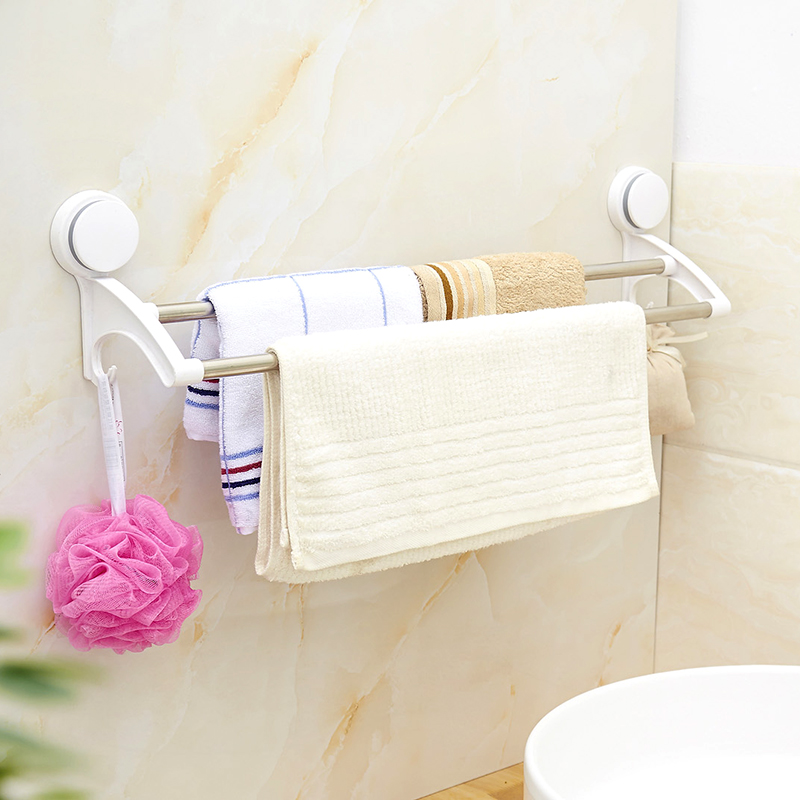 卫生间不锈钢杆超强吸盘式双杆毛巾架浴室厕所免打孔毛巾挂杆包邮