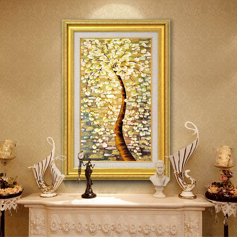 玄关装饰画发财树竖版欧式走廊过道墙画中式花卉花瓶油画单幅挂画