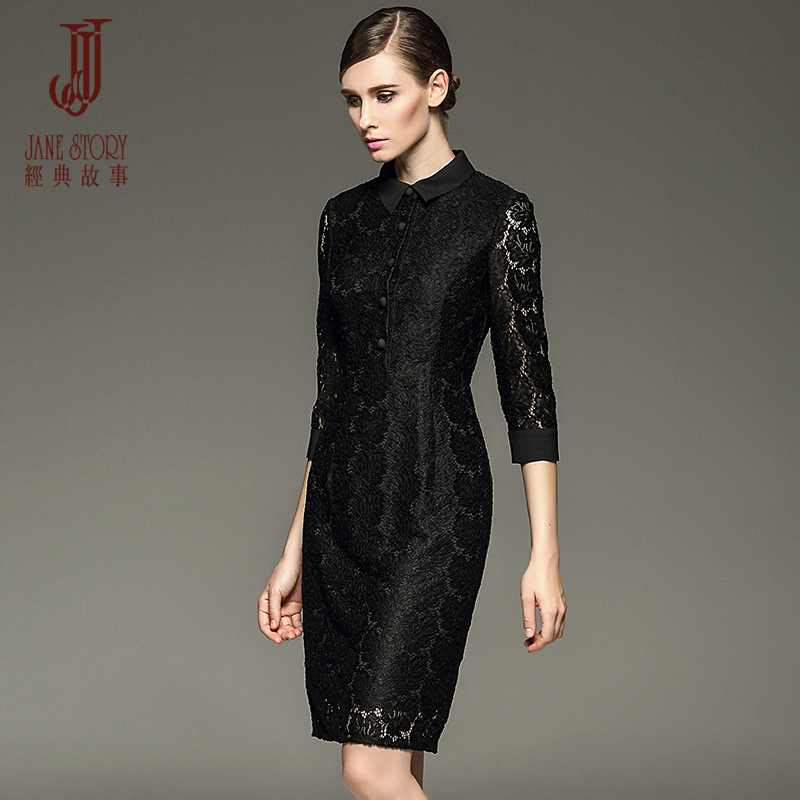 经典故事女装春秋裙装 七分袖修身气质 女人味蕾丝衬衫裙 连衣裙