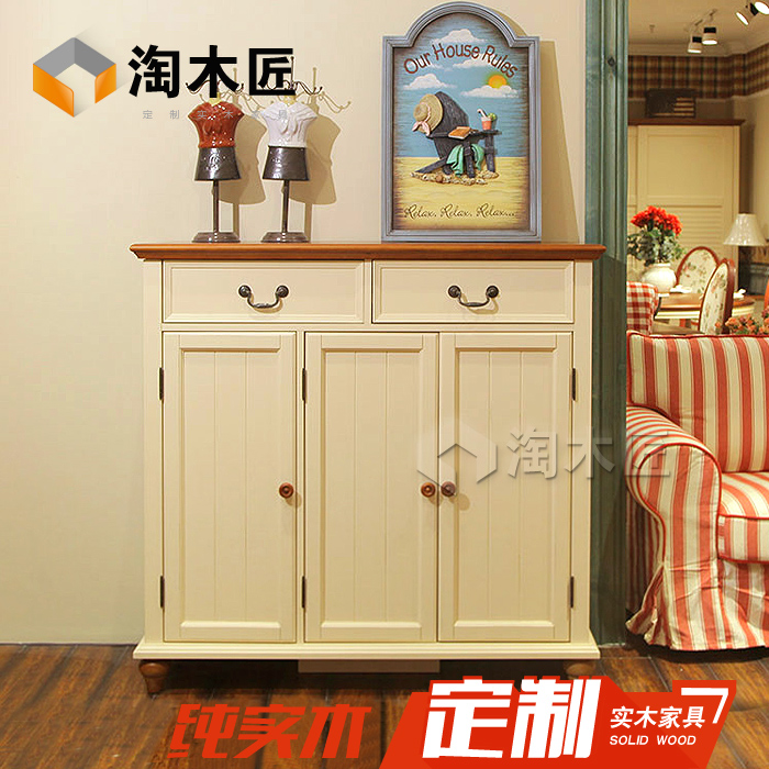美式乡村可调节对开门全实木储物柜地中海实木鞋柜斗柜可定制