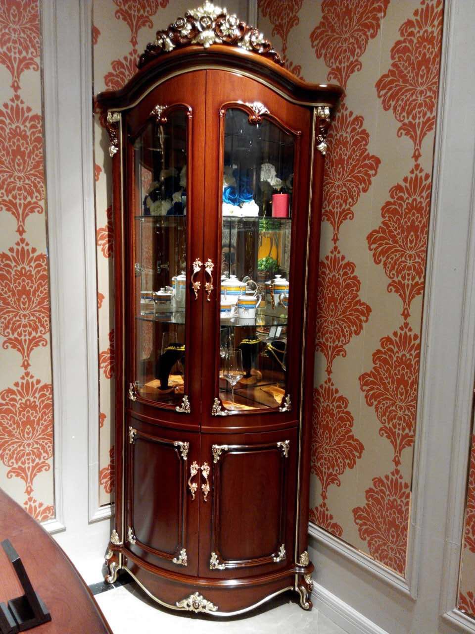 深色金边欧式实木雕花角柜 三角柜 客厅玻璃酒柜 墙转角储物柜子