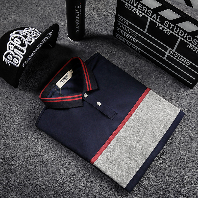 夏季男士短袖T恤韩版修身潮 翻领条纹polo衫学生有带领半截袖衣服