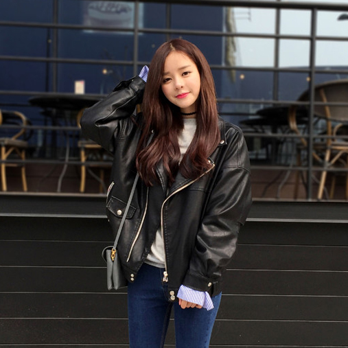 韩范宽松翻领机车皮衣女 韩国哑光质感帅气pu皮夹克外套 韩版显瘦