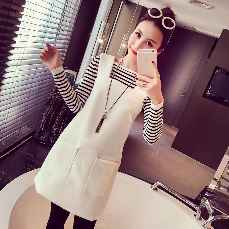 孕妇套装春装2016新款两件套时尚款休闲孕妇条纹连衣裙潮妈背带裙