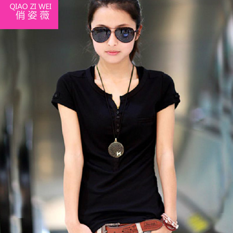 2016夏装韩版短袖女t恤 大码修身纯棉打底衫百搭通勤V领半袖上衣
