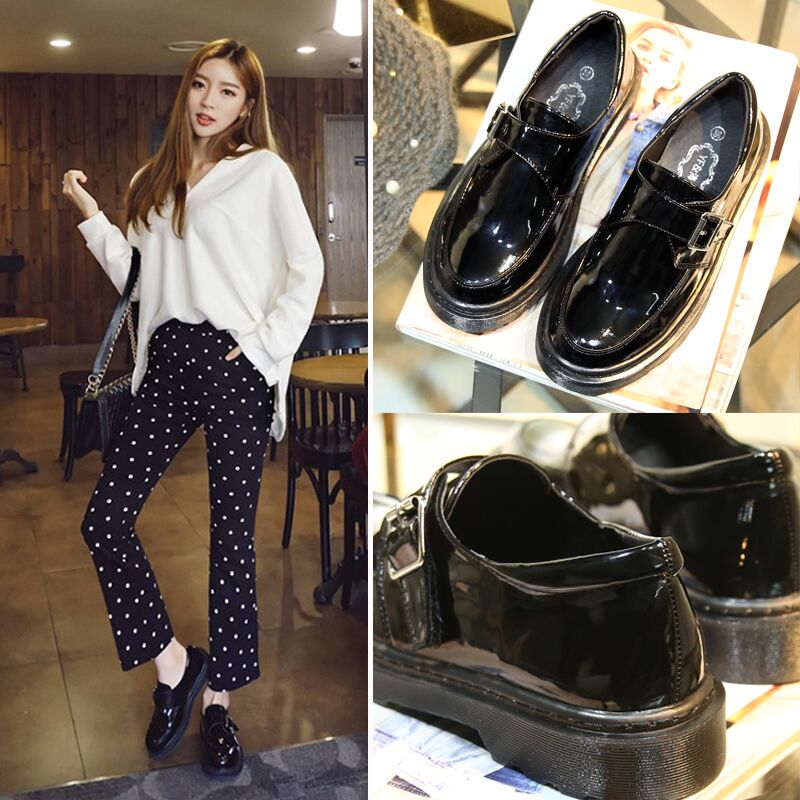 2016新款潮春鞋平底圆头学院黑色小皮鞋女英伦风牛津鞋漆皮单鞋子