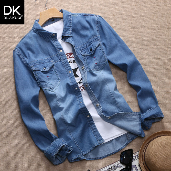 春季薄款韩版纯棉长袖衬衫男衣服 青少年修身款牛仔衬衣男装外套