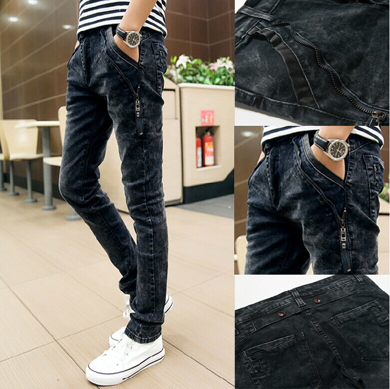 青少年黑雪花牛仔裤男装春季韩版弹力长裤铅笔裤男款修身小脚裤潮