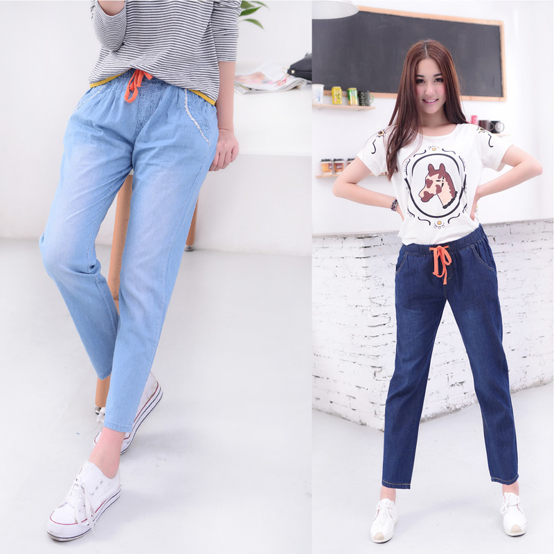 2016新款夏季高腰宽松紧九分牛仔裤女裤超薄款胖mm大码9分哈伦裤