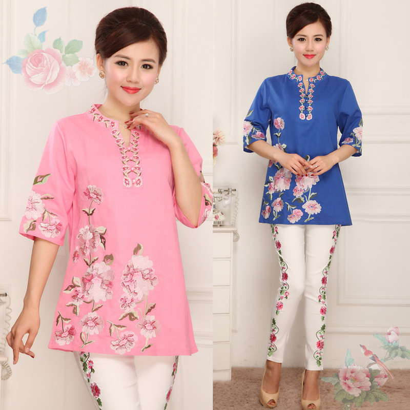 夏季新款时尚棉麻民族风刺绣花上衣中长款衬衫女装大码中年唐装女