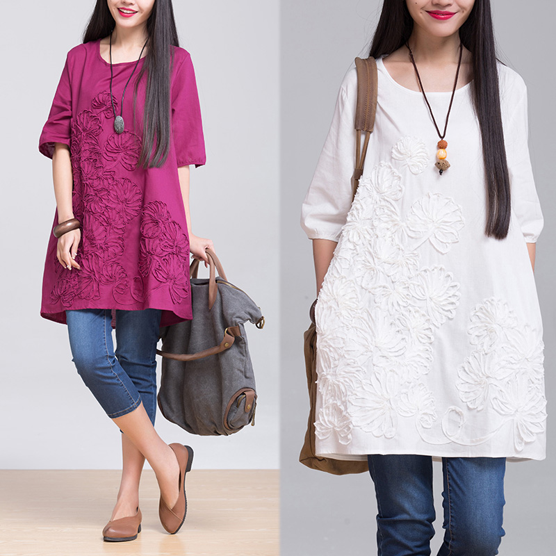 2016春装新款大码女装夏胖mm复古民族风刺绣花中袖棉麻打底连衣裙