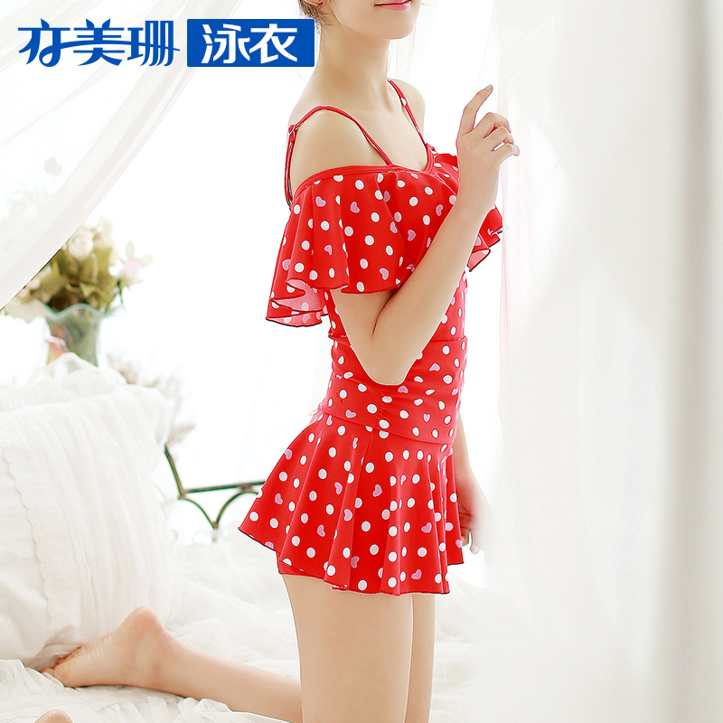 亦美珊 泳衣女保守 小胸聚拢波点连体裙式韩国显瘦遮肚温泉游泳衣