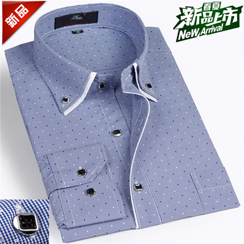 春装中年男士长袖衬衫免烫纯色修身职业薄款寸衫商务格子正装白土