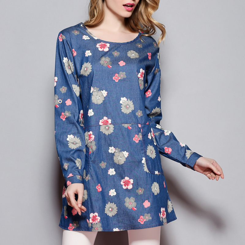 雪葆宽松牛仔衬衫女中长款花衬衫春休闲牛仔衬衫长袖薄款纯棉百搭