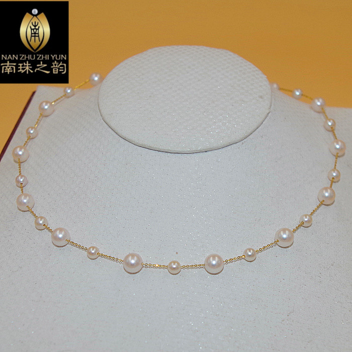 进口akoya日本天然海水珍珠满天星项链18k金大小珠正圆无暇极强光