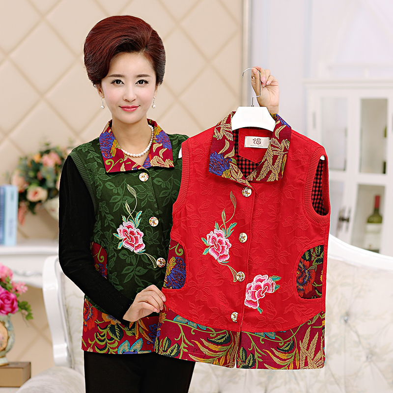 中老年女装马夹妈妈装马甲春秋装新款老年人薄款绣花棉外套大码