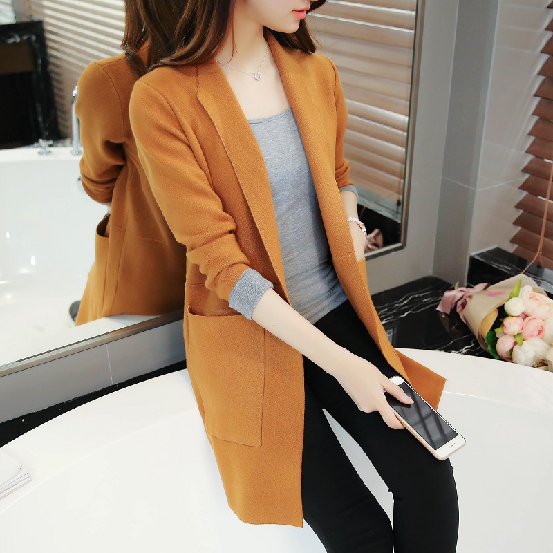 2016春装新款韩版女士中长款V领长袖口袋显瘦针织衫开衫毛衣外套