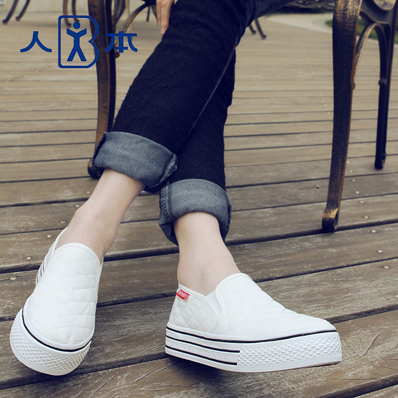人本夏帆布鞋女春平跟小白鞋学生休闲懒人鞋女白色厚底松糕乐福鞋