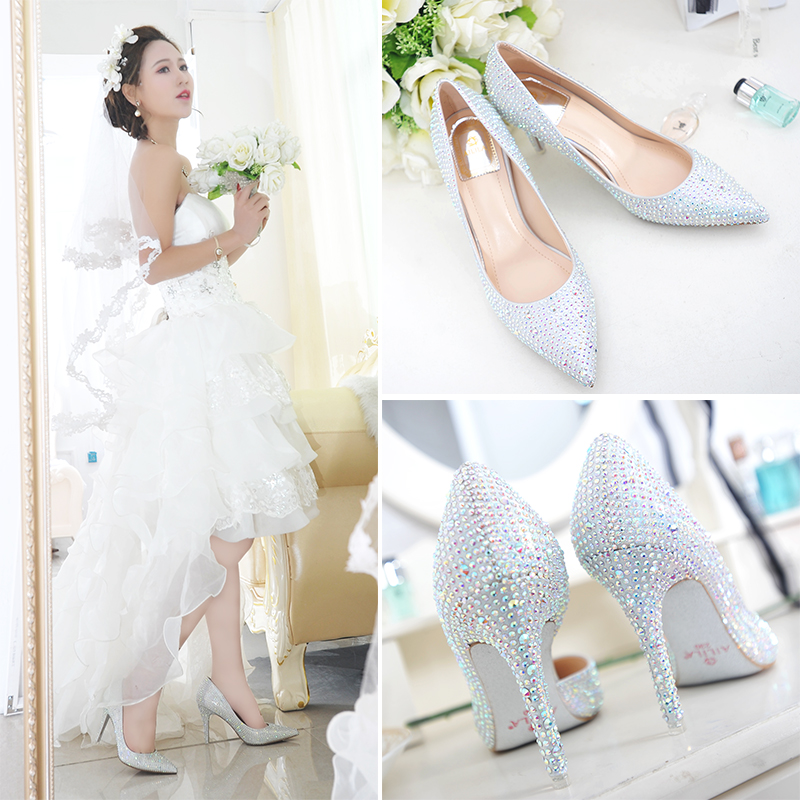 灰姑娘水晶鞋婚鞋高跟鞋新娘鞋红色结婚鞋子白色伴娘鞋水钻单鞋女