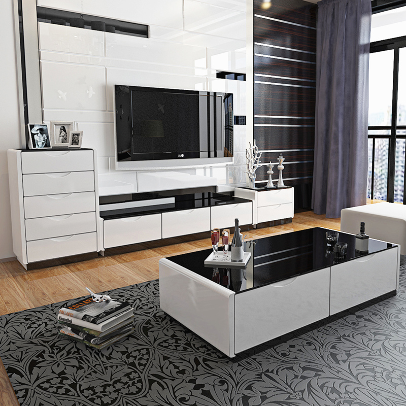 黑白简约电视柜茶几组合套装   现代时尚客厅烤漆钢化玻璃影视柜