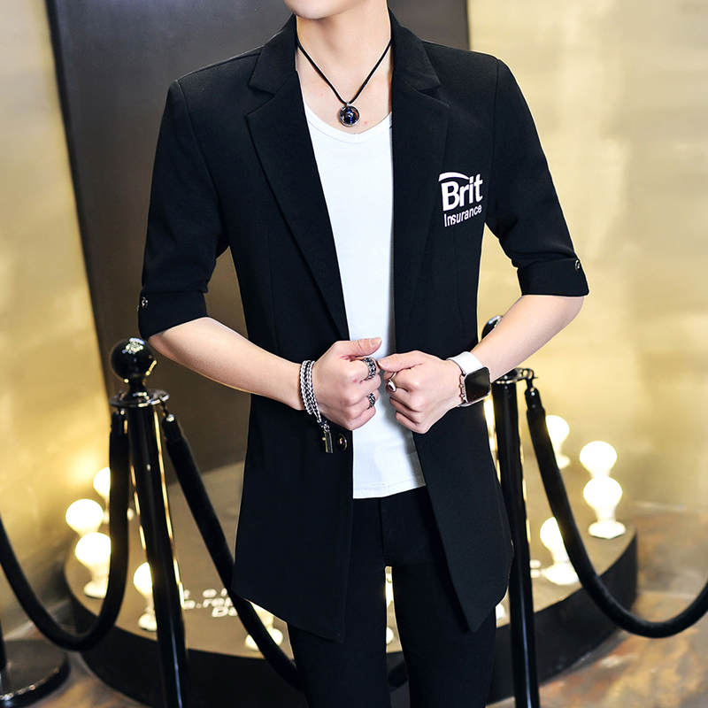 2016夏季薄款风衣男中长款外套五分袖时尚新款西装男士修身西服