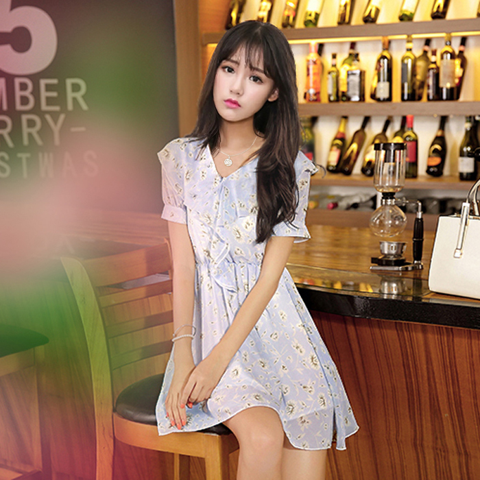 韩国小清新连衣裙夏修身高腰短袖女学院风甜美碎花雪纺裙印花裙春