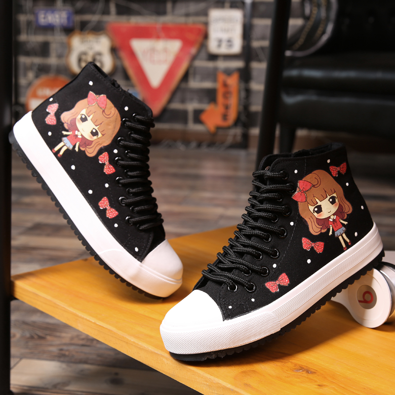 2016春帆布鞋女学生韩版涂鸦女鞋布鞋拉链高帮系带平底板鞋休闲鞋