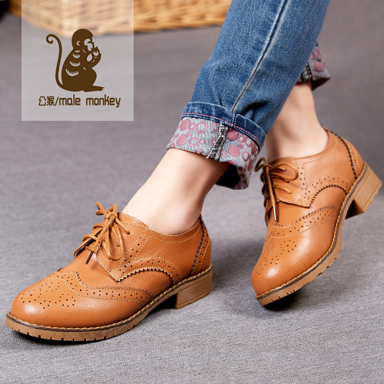 公猴2016春季英伦风女鞋平跟休闲单鞋女布洛克真皮平底时尚皮鞋女