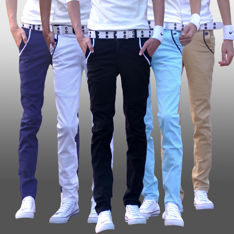 春夏直筒潮男裤青年小脚纯棉修身款男士休闲裤韩版薄款时尚白裤子