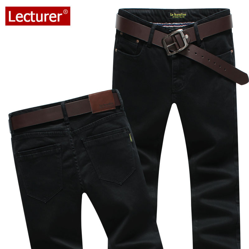 Lecturer春季黑色牛仔裤男弹力修身直筒青年大码休闲男裤子秋长裤