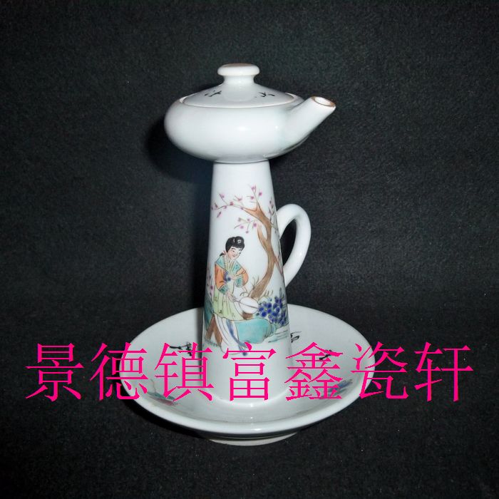 景德镇文革厂货瓷器 粉彩手绘侍女人物油灯 灯油壶 烛台 包老保真