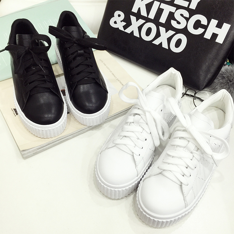 2016春季韩版休闲鞋女厚底系带圆头小白鞋平底板鞋学院风运动鞋潮