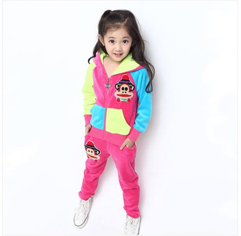 2016童装春秋款开衫中大童女童猴天鹅绒套装两件套休闲运动款包邮