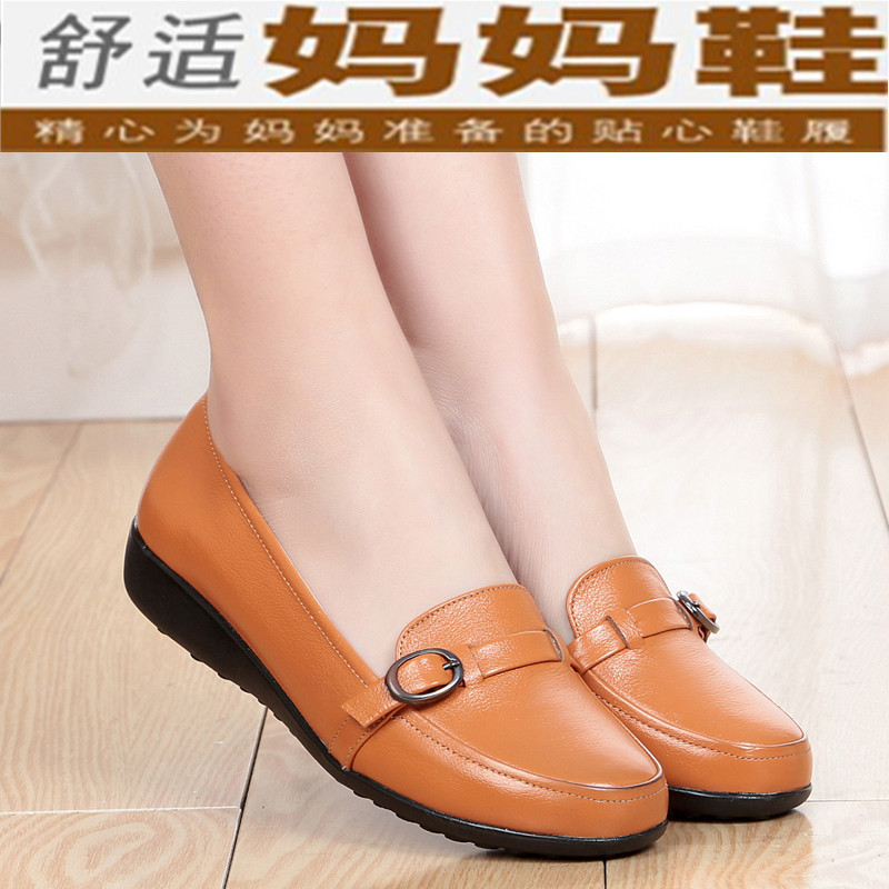 达芙妮女鞋2016春秋真皮粗跟平底妈妈鞋舒适防滑中老年大码女单鞋