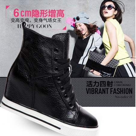 韩版隐形内增高女鞋8cm真皮高帮休闲鞋系带圆头单鞋旅游运动鞋春