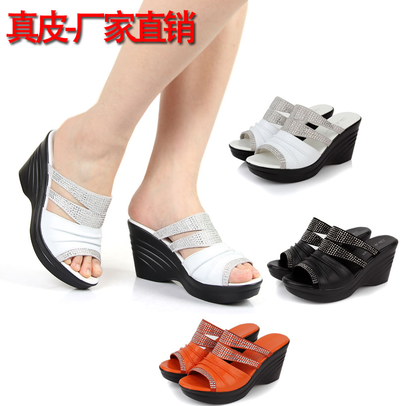 2016夏新款女凉拖鞋正品牛皮女士凉拖鞋女真皮坡跟凉拖妈妈水钻鞋