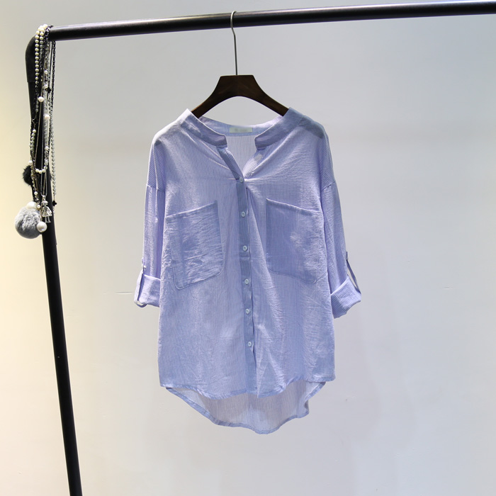 韩国立领棉麻衬衫女宽松长袖小清新衬衣